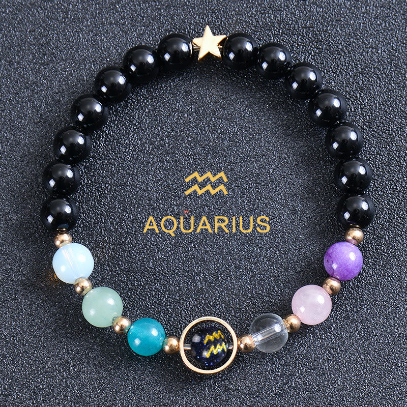 Olivenorma Edelsteinarmband mit zwölf Sternbildern und acht Planeten - Runder Obsidian - Wassermann - image 50