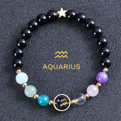 Olivenorma Edelsteinarmband mit zwölf Sternbildern und acht Planeten - Runder Obsidian - Wassermann - image 50