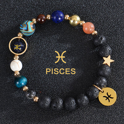 Olivenorma Edelsteinarmband mit zwölf Sternbildern und acht Planeten - Lavastein - Fische - image 27