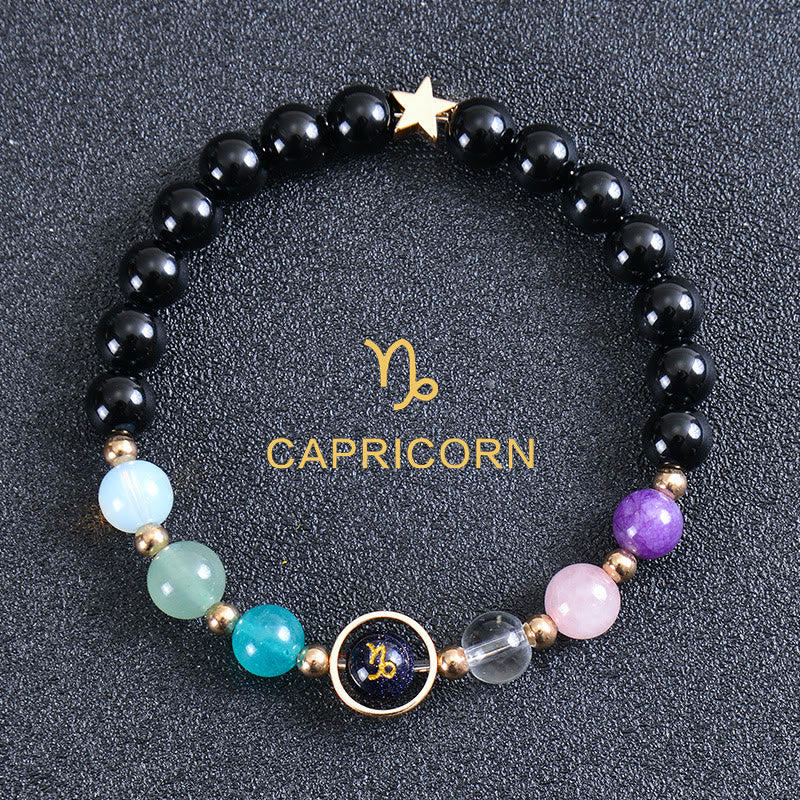 Olivenorma Edelsteinarmband mit zwölf Sternbildern und acht Planeten - Runder Obsidian - Steinbock - image 49