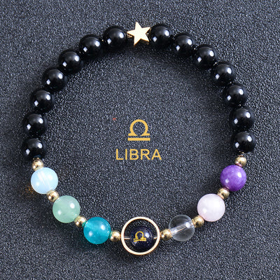 Olivenorma Edelsteinarmband mit zwölf Sternbildern und acht Planeten - Runder Obsidian - Waage - image 46