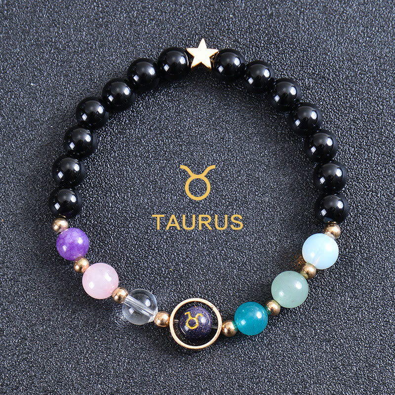 Olivenorma Edelsteinarmband mit zwölf Sternbildern und acht Planeten - Runder Obsidian - Stier - image 41