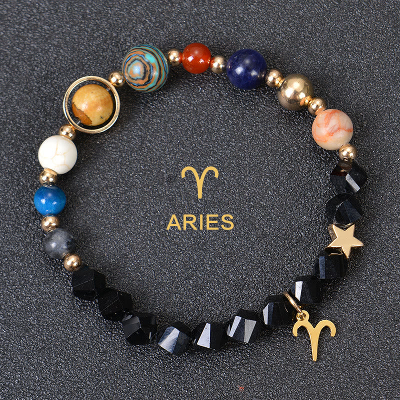 Olivenorma Edelsteinarmband mit zwölf Sternbildern und acht Planeten - Facted Obsidian - Widder - image 28