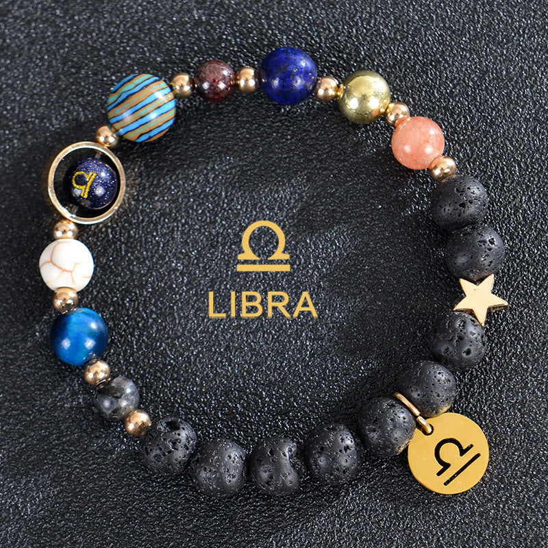 Olivenorma Edelsteinarmband mit zwölf Sternbildern und acht Planeten - Lavastein - Waage - image 22