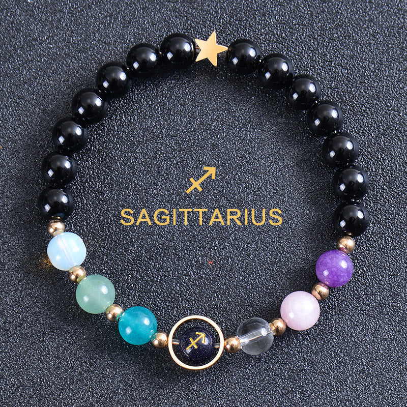 Olivenorma Edelsteinarmband mit zwölf Sternbildern und acht Planeten - Runder Obsidian - Schütze - image 48