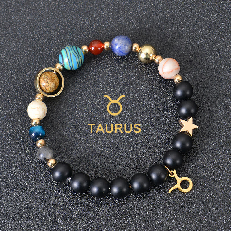 Olivenorma Edelsteinarmband mit zwölf Sternbildern und acht Planeten - Schwarzer Onyx - Stier - image 5