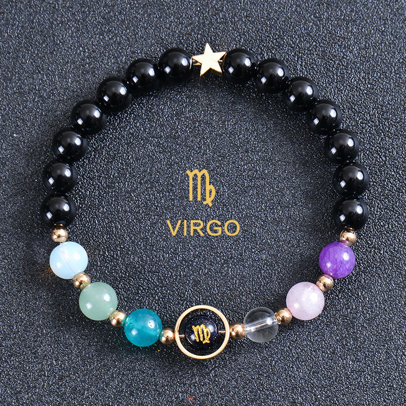 Olivenorma Edelsteinarmband mit zwölf Sternbildern und acht Planeten - Runder Obsidian - Jungfrau - image 45
