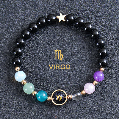 Olivenorma Edelsteinarmband mit zwölf Sternbildern und acht Planeten - Runder Obsidian - Jungfrau - image 45