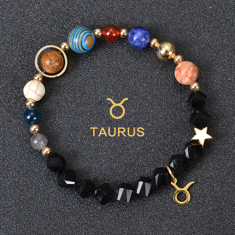 Olivenorma Edelsteinarmband mit zwölf Sternbildern und acht Planeten - Facted Obsidian - Stier - image 29