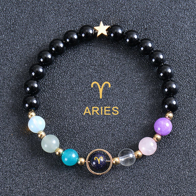 Olivenorma Edelsteinarmband mit zwölf Sternbildern und acht Planeten - Runder Obsidian - Widder - image 40