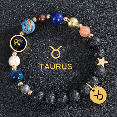 Olivenorma Edelsteinarmband mit zwölf Sternbildern und acht Planeten - Lavastein - Stier - image 17