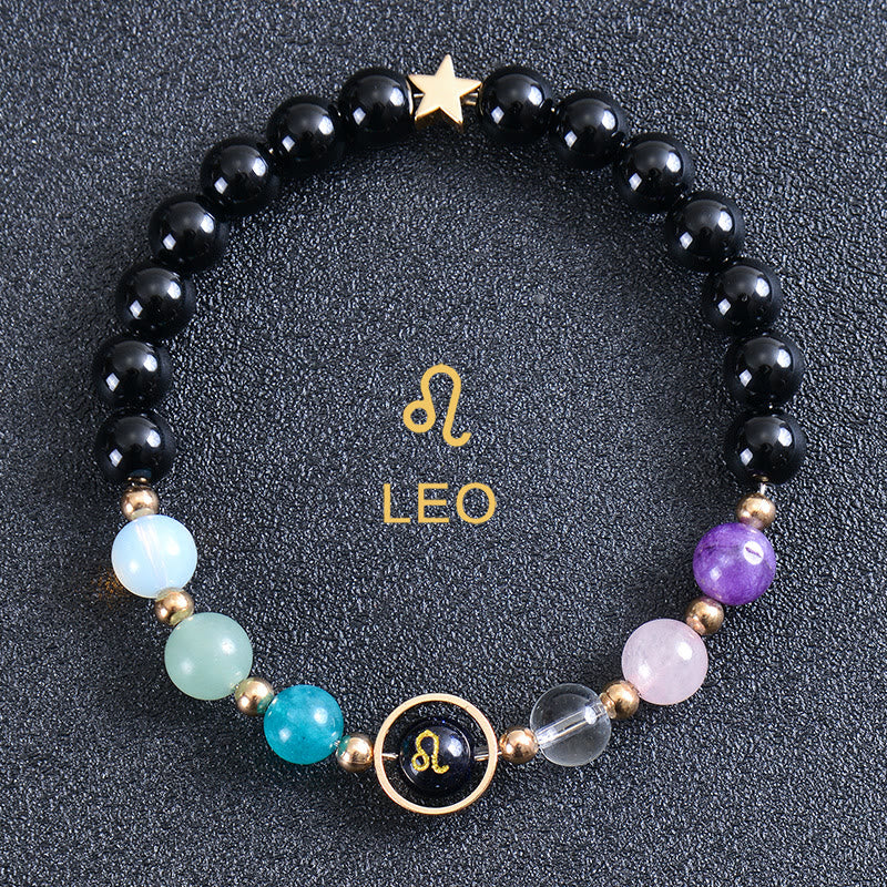 Olivenorma Edelsteinarmband mit zwölf Sternbildern und acht Planeten - Runder Obsidian - Löwe - image 44