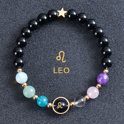 Olivenorma Edelsteinarmband mit zwölf Sternbildern und acht Planeten - Runder Obsidian - Löwe - image 44