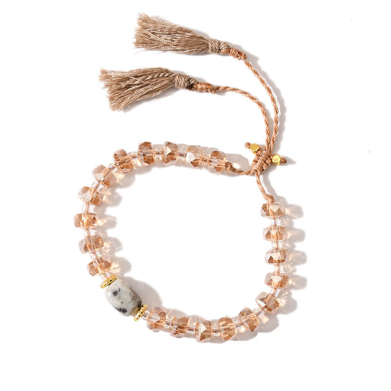 Olivenorma Glitzer Boho Stil Quaste Edelstein geflochtenes Armband - Mondstein + Orange Glasur - image 8