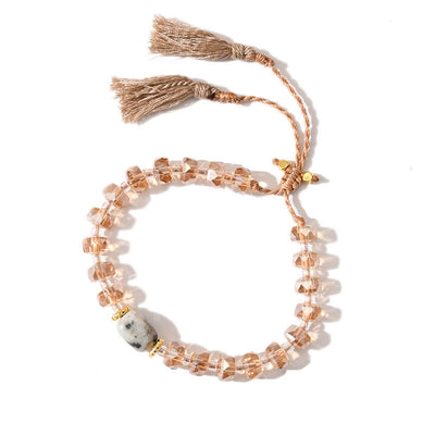 Olivenorma Glitzer Boho Stil Quaste Edelstein geflochtenes Armband - Mondstein + Orange Glasur - image 8