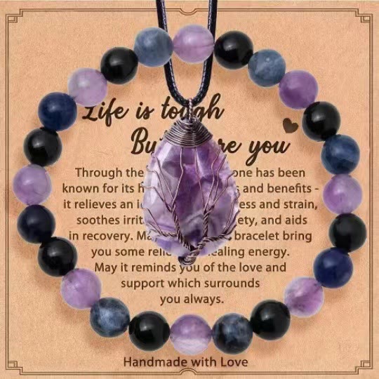 Olivenorma „Das Leben ist hart, aber du auch“ Heilender Edelstein-Armband-Halsketten-Schmuckset - Amethyst + Obsidian + Lapislazuli - image 16
