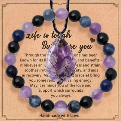 Olivenorma „Das Leben ist hart, aber du auch“ Heilender Edelstein-Armband-Halsketten-Schmuckset - Amethyst + Obsidian + Lapislazuli - image 16