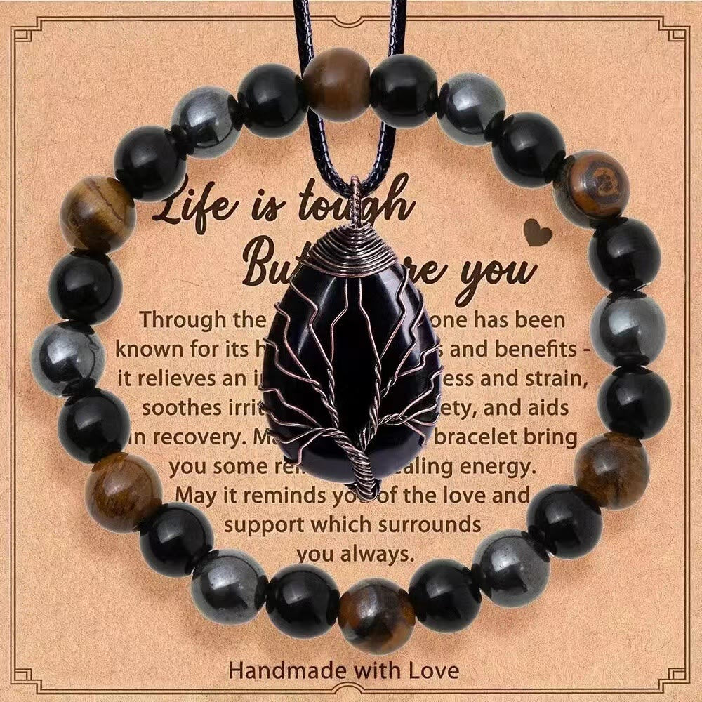 Olivenorma „Das Leben ist hart, aber du auch“ Heilender Edelstein-Armband-Halsketten-Schmuckset - Obsidian + Tigerauge + Hämatit - image 13