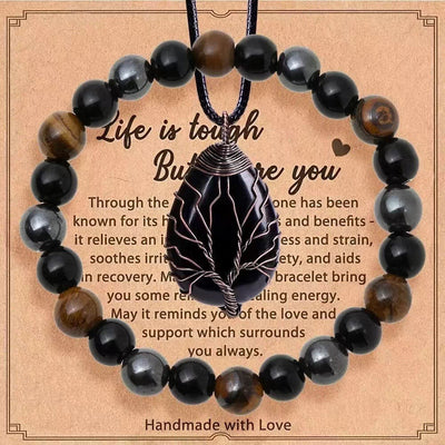 Olivenorma „Das Leben ist hart, aber du auch“ Heilender Edelstein-Armband-Halsketten-Schmuckset - Obsidian + Tigerauge + Hämatit - image 13