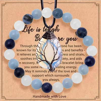 Olivenorma „Das Leben ist hart, aber du auch“ Heilender Edelstein-Armband-Halsketten-Schmuckset - Klarer Kristall + Aquamarin + Lapislazuli - image 1