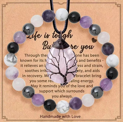 Olivenorma „Das Leben ist hart, aber du auch“ Heilender Edelstein-Armband-Halsketten-Schmuckset - Amethyst + Howlith + Hämatit - image 5