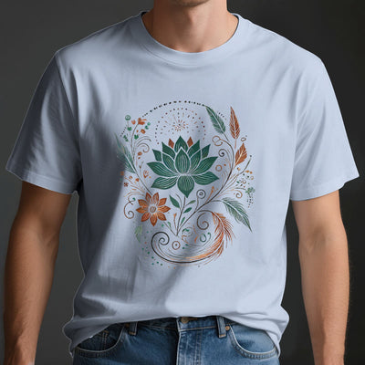 Olivenorma Yoga-T-Shirt aus Baumwolle mit Lotusblüten und Blättern - image 4