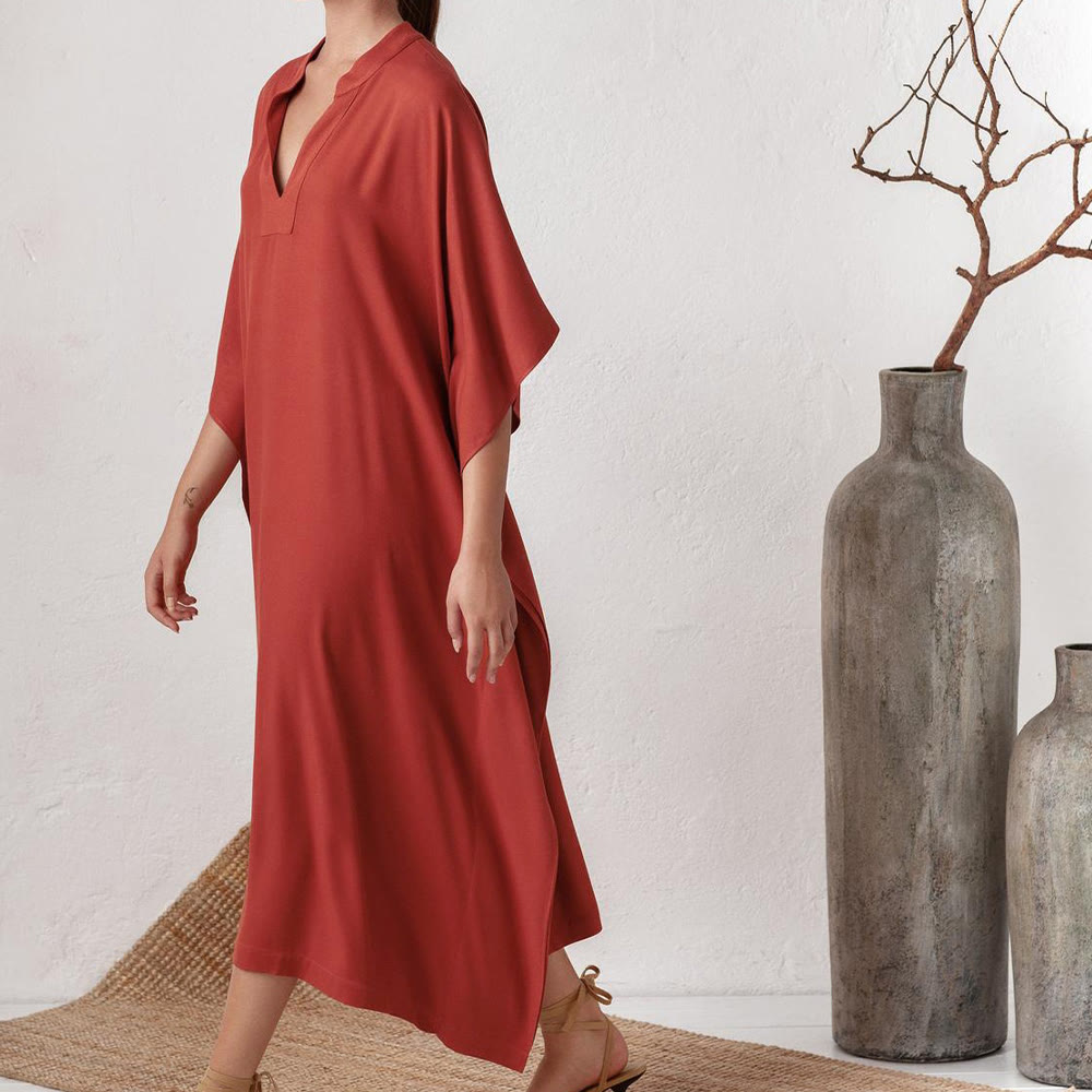 Olivenorma Strandbluse Seidiges Polyester Resort Kaftankleid