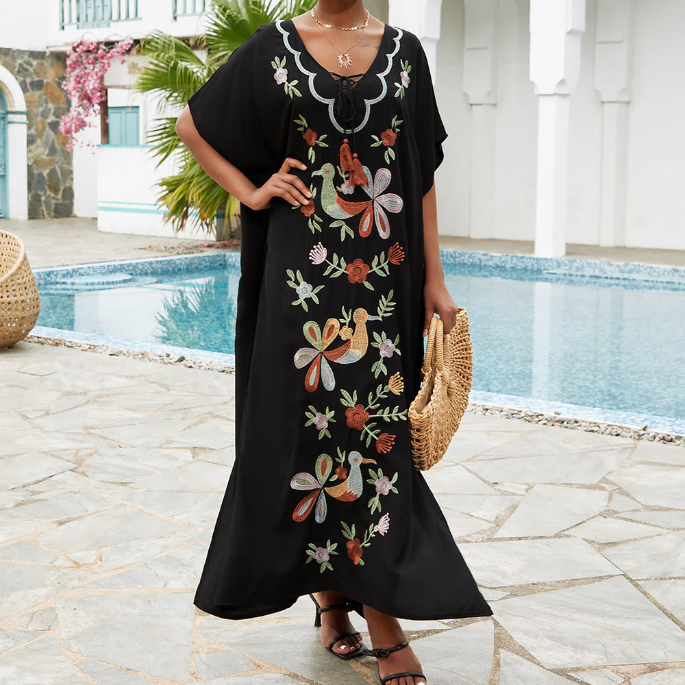 Olivenorma Strandbluse Kaftankleid mit Blumen- und Vogelstickerei