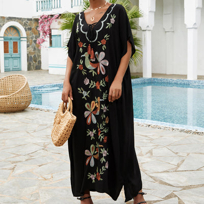 Olivenorma Strandbluse Kaftankleid mit Blumen- und Vogelstickerei