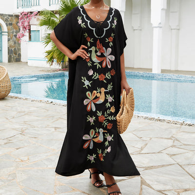Olivenorma Strandbluse Kaftankleid mit Blumen- und Vogelstickerei