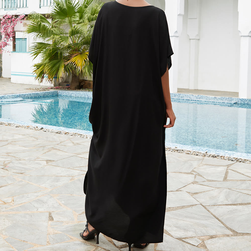Olivenorma Strandbluse Kaftankleid mit Blumen- und Vogelstickerei