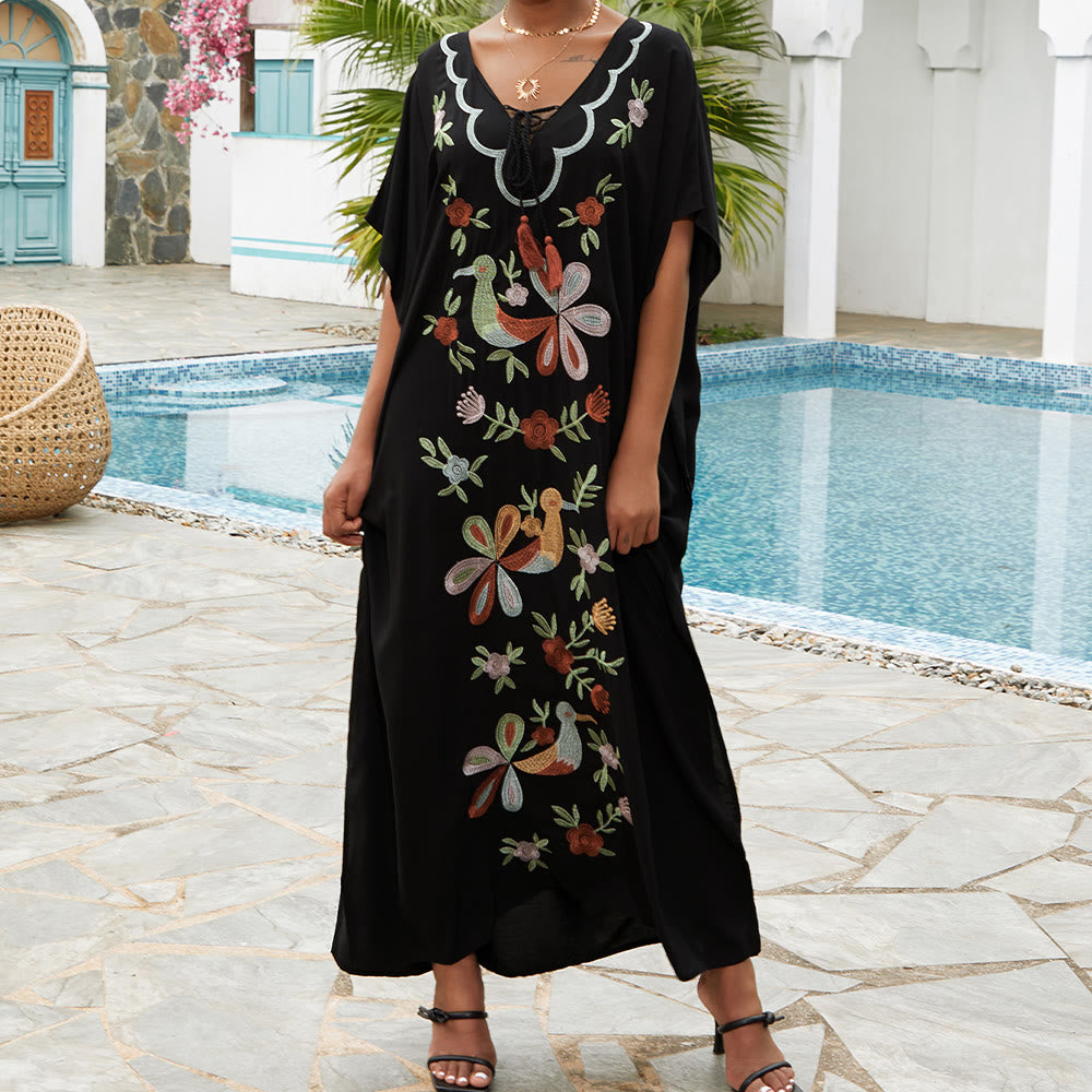 Olivenorma Strandbluse Kaftankleid mit Blumen- und Vogelstickerei