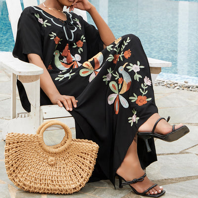 Olivenorma Strandbluse Kaftankleid mit Blumen- und Vogelstickerei