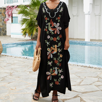Olivenorma Strandbluse Kaftankleid mit Blumen- und Vogelstickerei