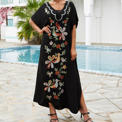 Olivenorma Strandbluse Kaftankleid mit Blumen- und Vogelstickerei