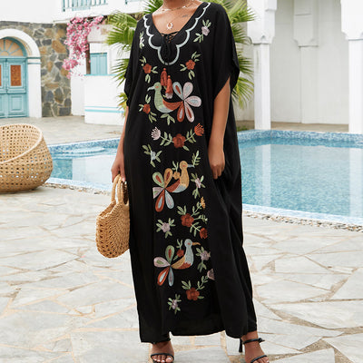 Olivenorma Strandbluse Kaftankleid mit Blumen- und Vogelstickerei
