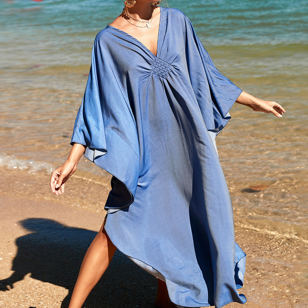 Olivenorma Strand-Sonnenschutzhemd, gewebtes Design, Kaftan-Kleid