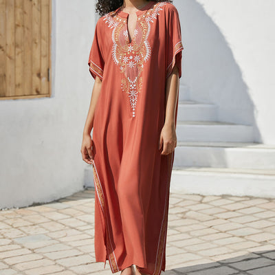 Olivenorma Strandbluse Vintage besticktes Kaftankleid