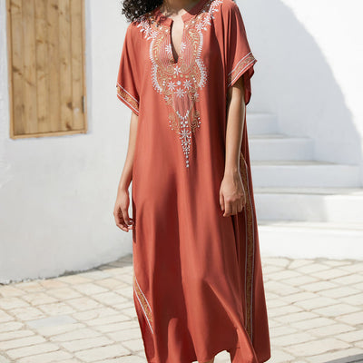 Olivenorma Strandbluse Vintage besticktes Kaftankleid