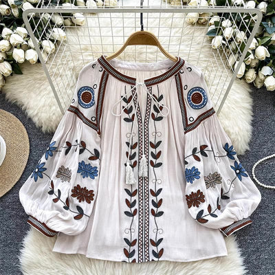 Olivenorma Vintage Damenhemd im europäischen Hofstil mit Stickerei