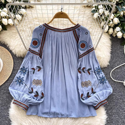 Olivenorma Vintage Damenhemd im europäischen Hofstil mit Stickerei