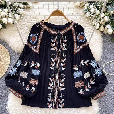 Olivenorma Vintage Damenhemd im europäischen Hofstil mit Stickerei