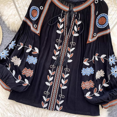 Olivenorma Vintage Damenhemd im europäischen Hofstil mit Stickerei