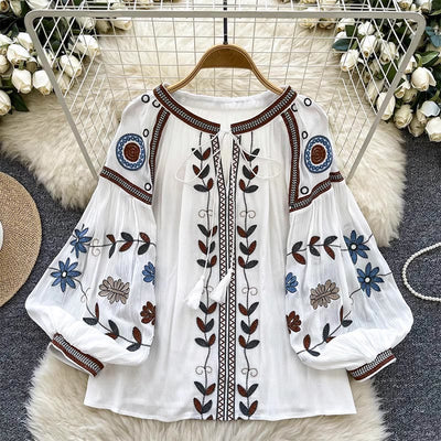 Olivenorma Vintage Damenhemd im europäischen Hofstil mit Stickerei