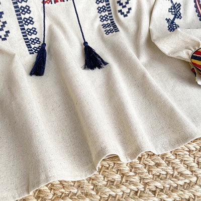 Olivenorma Damenhemd im Bohemian-Stil mit Stickerei und Laternenärmeln