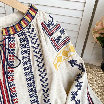 Olivenorma Damenhemd im Bohemian-Stil mit Stickerei und Laternenärmeln