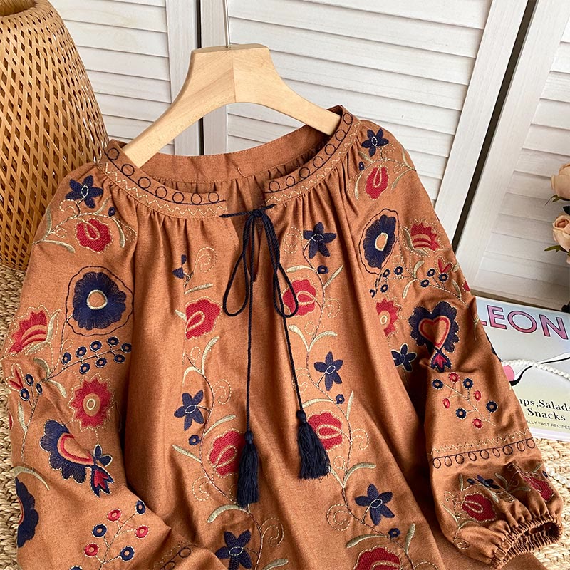 Olivenorma Süßes Retro-Stickerei-Laternenärmel-Damenhemd