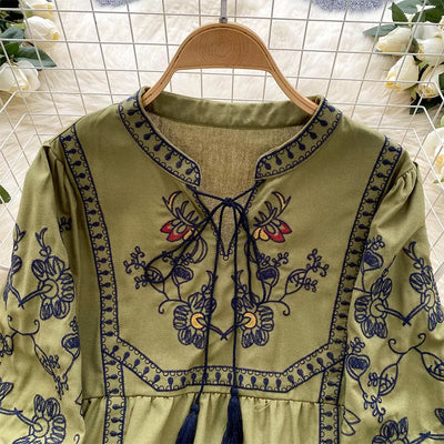 Olivenorma Boho Holiday Stickerei Laternenärmel Damenhemd