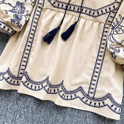 Olivenorma Boho Holiday Stickerei Laternenärmel Damenhemd