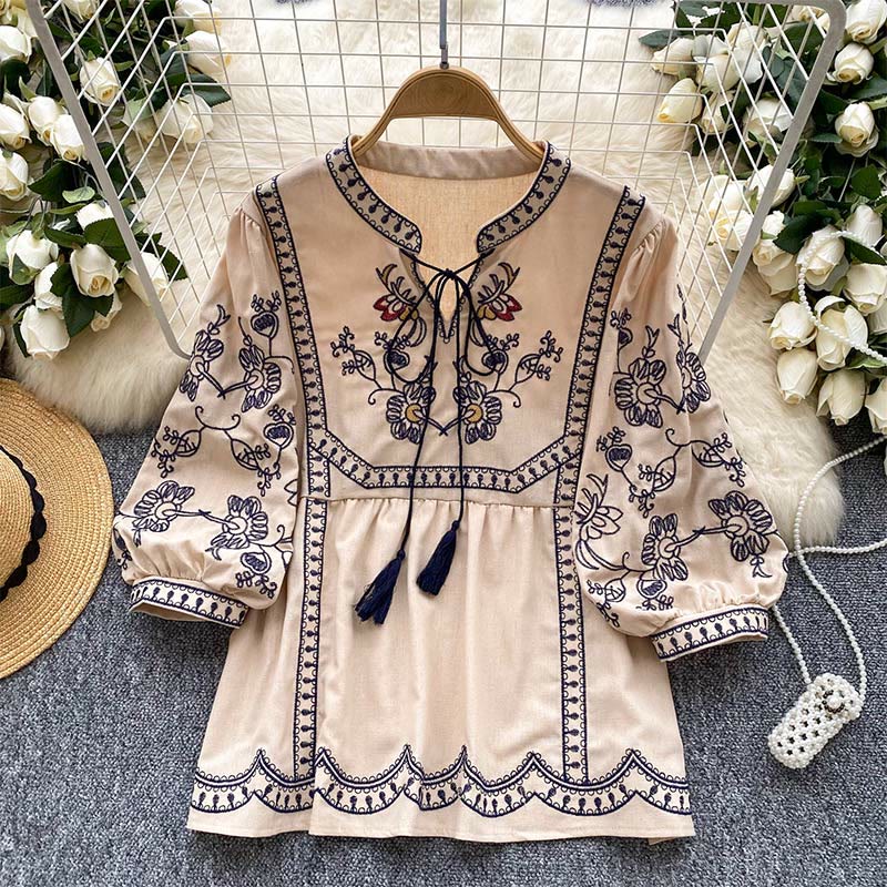 Olivenorma Boho Holiday Stickerei Laternenärmel Damenhemd